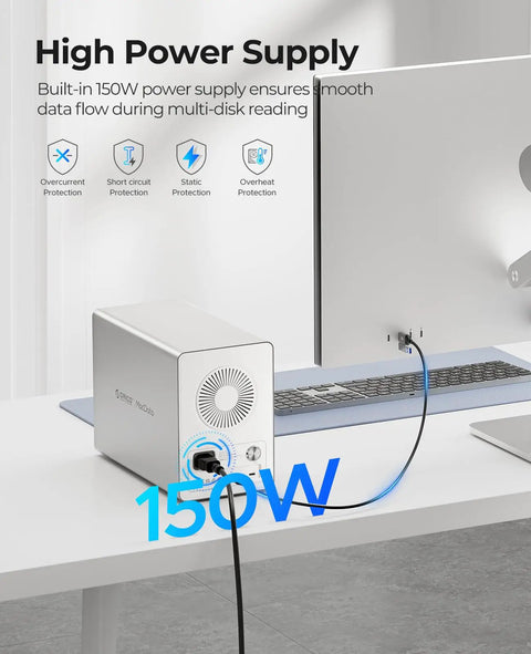 Massive 5 Bay Hard Drive Enclosure with 150W power supply on desk ensuring smooth data flow during multi-disk reading.