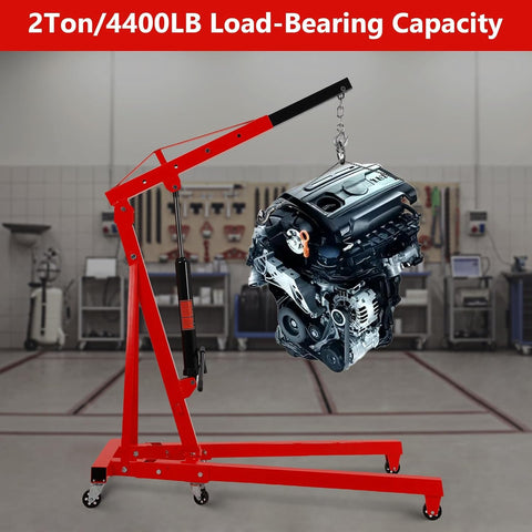 2 Ton Cherry Picker Engine Hoist Heavy Duty Folding Hydraulic Crane With 6 Casters lifting engine in garage