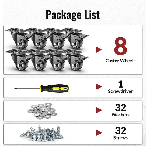 2 Inch Heavy Duty PU Caster Wheels With Hella Sturdy Dual Locking Brake Eight Pack shown with tools and accessories for installation.
