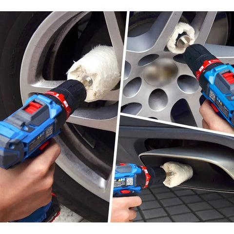 Pro Grade Drill Wheel Buffing Kit With Cloth Polishing Pads And Wheel Brush Quarter Inch Shaft For Aluminum Car Rims
