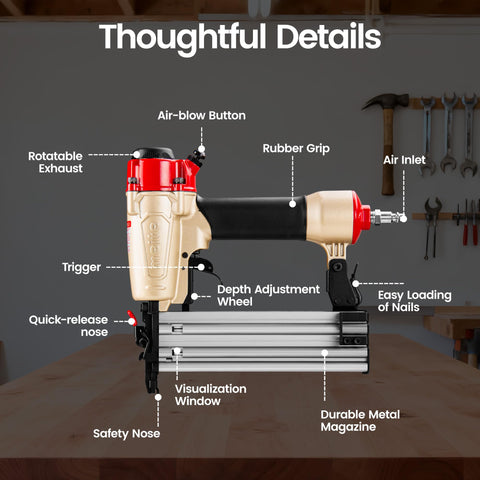 18 Gauge 2 In 1 Pneumatic Nail Gun And Narrow Crown Staple Gun showing detailed features for upholstery finishing