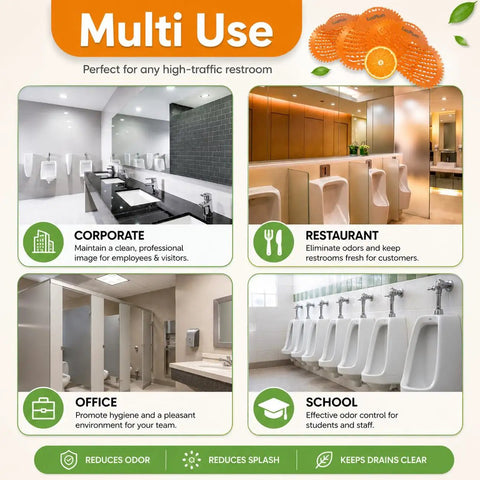Promotional image for Ten Pack Long Lasting Orange Scent Urinal Screens Deodorizers With Splash Control Tech for various restrooms.