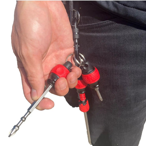 Ball Grip Bit Holder With Keychain For One Quarter Inch Hex Bits Handy Interchangeable Stubby Driver Red Cushioned Grip