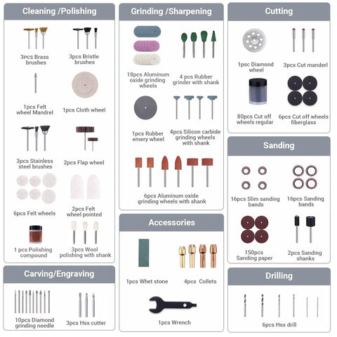 Detailed layout of 357 Piece Rotary Tool Accessories Kit With One Eighth Inch Shanks, showing various included tools and attachments.