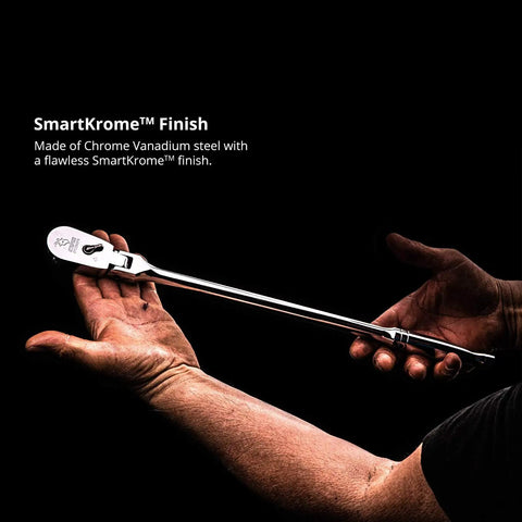 Half Inch Drive Low Profile Flex Head Ratchet With True 72-Tooth Gear displayed on hand, showcasing SmartKrome finish