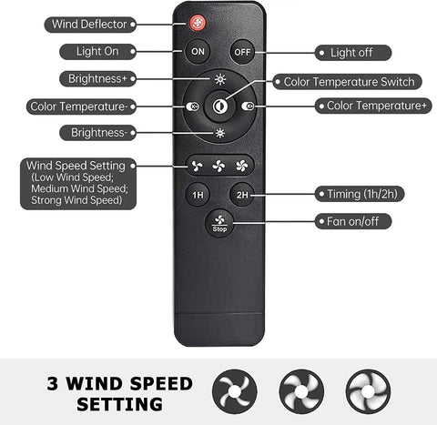 Remote control for Dope Industrial Caged Ceiling Fan With Light Remote Control, showing buttons for speeds, colors, and timer.