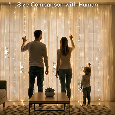Warm White Curtain String Lights 300 LEDs 9.8x9.8 Ft Plug In Backdrop showing size comparison with people in living room