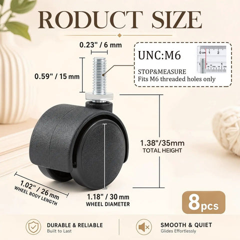 Pack Of Eight Heavy Duty Black Nylon Swivel Caster Wheels Featuring Secure M6 Threaded Stems Built Tough For The Daily Grind Rolling Smooth And Quiet dimensions 30mm wheel diameter 26mm wide 35mm tall