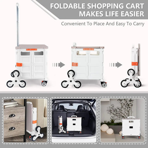 Foldable Utility Cart With Stair Climbing Wheels, Collapsible Rolling Crate shown folding and fitting in car and storage space