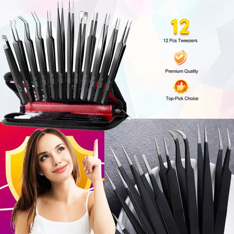 Grab And Go All In One 12 Pack Precision Tweezers Set With Case showcasing variety of tweezers against colorful background.