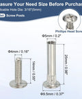 Heavy Duty Binding Screw Posts 20 Pack Slick Nickel Plated Carbon Steel Fasteners dimensions for 3/16 hole, including diameter and length.