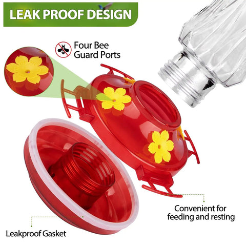 Glass Hummingbird Feeder Outdoor Hanging With Built In Ant Moat And Four Bee Guard Perches Leak Proof 15 Ounce Capacity