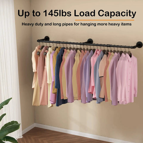 Wall Mounted Clothes Rack 72.5in Industrial Pipe Vibe Heavy Duty Detachable Iron Garment Bar with clothes hanging