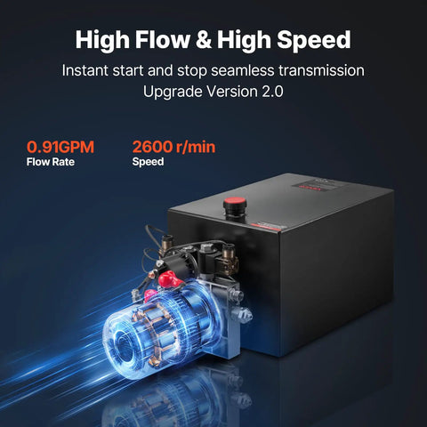 Beefed Up 12V DC Double Acting Hydraulic Power Unit For Dump Trailers, 20 Quart Steel Reservoir showcasing high flow and speed