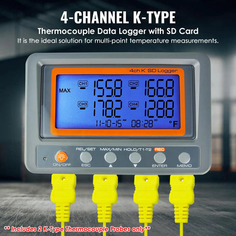 All In One 4 Channel K Type Thermocouple Thermometer Data Logger With 8GB SD Card Programmable Temperature Recorder Alarm Function Includes Two Probes Rugged And Ready For Lab Or Field Use