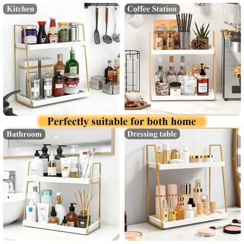 Two Tier Wooden Coffee Bar Organizer For Countertop And Corner Spaces with storage for various home items in kitchen and bathroom.