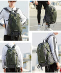 Collage with model wearing 40L Go-To Waterproof Hiking Backpack For Men And Women, Ultra Lightweight Camping Travel Daypack, Green