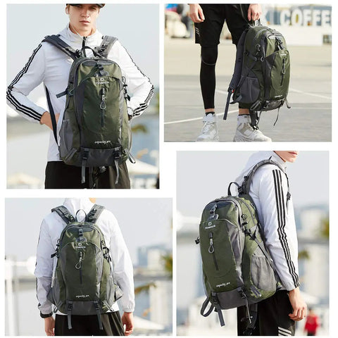Collage with model wearing 40L Go-To Waterproof Hiking Backpack For Men And Women, Ultra Lightweight Camping Travel Daypack, Green