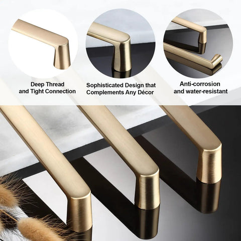 Brushed Brass Cabinet Pulls 7 Inch Length 6.3 Inch Center To Center Gold Handles For Cabinets And Dressers Ten Pack Easy One Screw Installation Durable Hardware Upgrade For Kitchen And Furniture close-up showing three handles on a reflective surface, highlighting anti-corrosion and decor design features.