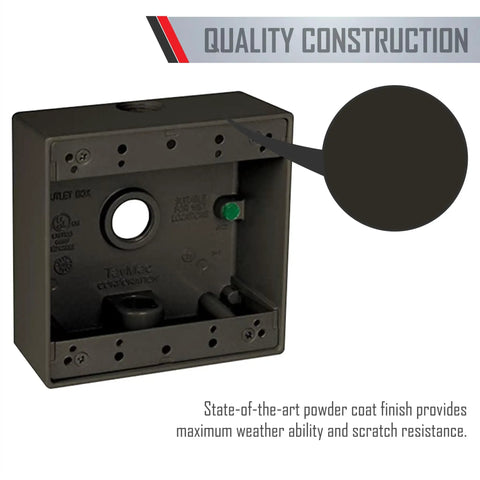 Bronze 4.5-Inch By 4.5-Inch 2-Gang Weatherproof Junction Box With 2-Inch Depth, Three Half-Inch Threaded Holes, seen front view
