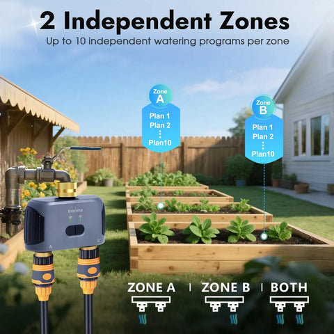 Two Zone WiFi Water Timer For Garden Hose With Brass Inlet And Outlet Remote App Control Through Smart Life Gateway Alexa Voice Control Rain Delay And Manual Mode 2.4Ghz WiFi Compatible in garden setting