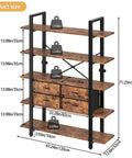 Industrial 5-Tier Bookshelf With Open Storage And Four Drawers, Sturdy Metal Frame And Durable Particleboard Shelves, dimensions shown