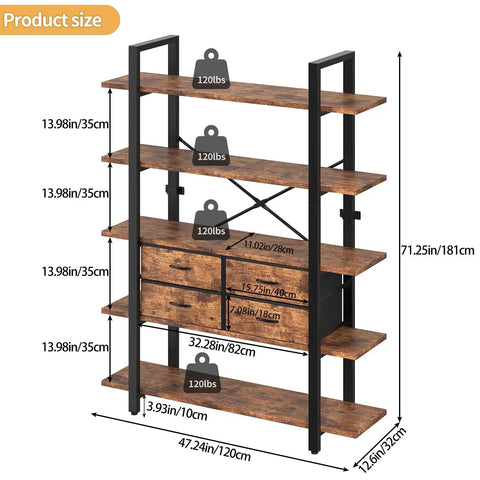 Industrial 5-Tier Bookshelf With Open Storage And Four Drawers, Sturdy Metal Frame And Durable Particleboard Shelves, dimensions shown