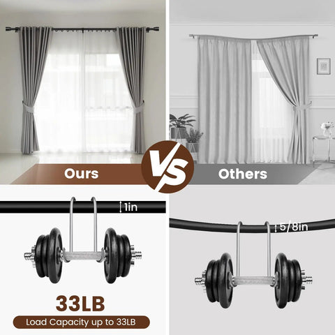 Comparison of heavy duty adjustable curtain rod set 1 inch diameter in matte black vs standard rod, showing load capacity