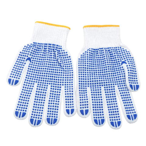 White gloves with blue grip dots included in Tree Climbing Spikes With Adjustable Steel Climber Gaffs And Multi Functional Belt Set