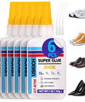 Fast Dry Shoe Repair Glue For Sneakers, Boots, Leather And Soles With Anti Clog Cap shown with various shoes and glue bottles