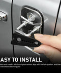 Installation of Tight 4 Piece Car Door Lock Covers Silences Rattling Clunks Smoothly Doubles As Shock Absorber Bumpers on door.