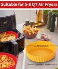 Two Pack Air Fryer Silicone Liners 8.5 Inch Fits 5 To 8 Qt Reusable Basket Liner in red and yellow, shown with food and air fryer.