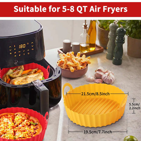 Two Pack Air Fryer Silicone Liners 8.5 Inch Fits 5 To 8 Qt Reusable Basket Liner in red and yellow, shown with food and air fryer.