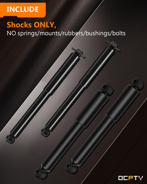 OCPTY Beefed-Up Front And Rear Shocks And Struts For Chevrolet 4WD Blazer S10 Sonoma, four black shocks on textured surface.