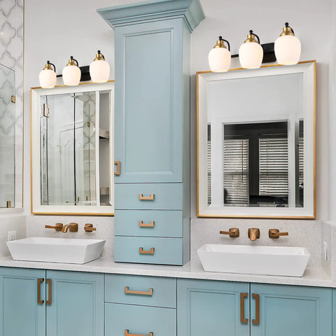 Bold Black And Gold 3 Light Vanity Light Fixture With White Glass Globe For Bathroom Wall Sconce over bathroom mirrors