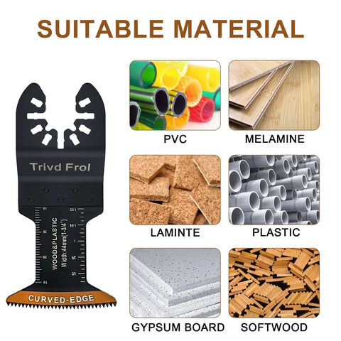 Front view of Trivd Frol curved-edge oscillating tool blade set; 100-piece universal blades for wood, PVC, laminate, plastic.