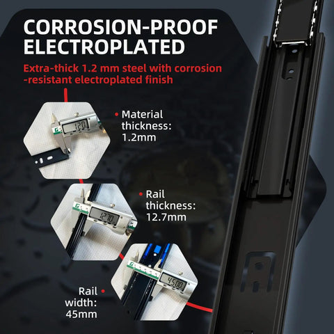 Corrosion-proof 1.2 mm steel side mount rail for Push To Open Soft Close Drawer Slides Heavy Duty 100 lb Load Capacity