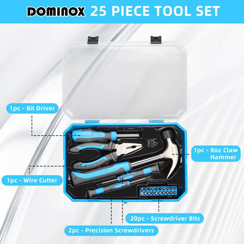 25 Piece General Household Tool Set With Plastic Storage Toolbox For Home, Garage And Office, Includes Hammer, Pliers