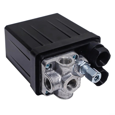 Air Compressor Pressure Switch 90 To 120 Psi 240V Replacement With Four Port Manifold, black metal housing, heavy-duty design, direct fit.