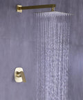 Pressure Balance Rain Shower System With Concealed Valve 10 Inch Rain Head Brushed Gold Finish All In One Easy Install Kit