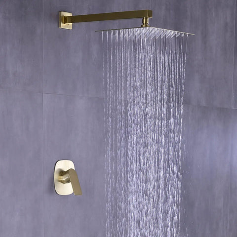 Pressure Balance Rain Shower System With Concealed Valve 10 Inch Rain Head Brushed Gold Finish All In One Easy Install Kit