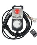 6 Axis CNC Handwheel MPG Pendant With Emergency Stop And Manual Pulse Generator, coiled wire and mounting accessories visible