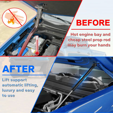Chevy Colorado Hood Struts for GMC Canyon 2023 to 2026 showing before and after upgrade with gas springs installed.