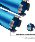 Two beefy two and a half inch diamond core drill bits with nine inch deep drilling, laser welded segments for concrete brick block masonry.