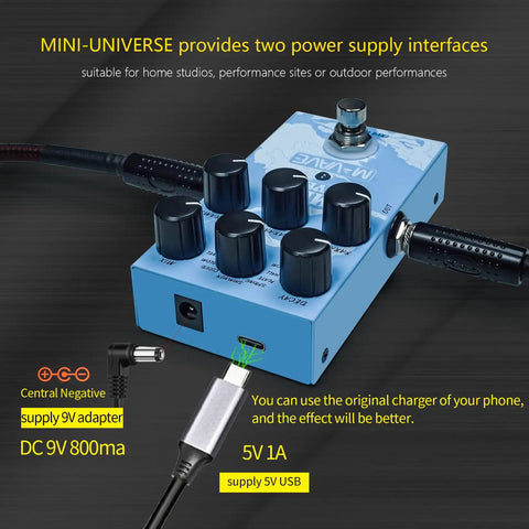 Dope Compact Guitar Reverb Pedal With 9 Digital Effects Room Hall Plate Spring Shimmer Cloud Bloom Swell And Lo Fi For Electric Bass And Acoustic Guitars True Bypass Dual Power Metal Enclosure showing dual power supply.