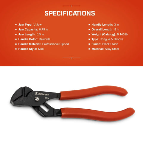 Mini Dipped Handle Tongue And Groove Pliers With Precision Grip, 4 1/2 Inch Jaw, Alloy Steel, Black Oxide Finish, Rawhide Color