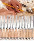 Knockout 12 Piece Wood Turning Chisels Set, High Speed Steel Carving Tools, 8 Inch Wood Lathe Gouges And Scrapers laid out with hands carving wood.