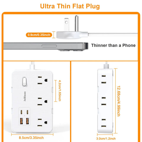 Ultra thin flat plug of Game Changing Desktop Surge Protector Power Strip With Six AC Outlets And Four USB Charging Ports.