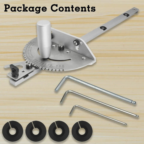 Professional Miter Gauge For Table Saw With Standard Three Quarters By Three Eighths Slot Rails parts and accessories displayed on wood background.
