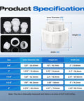 Specification chart of Two-Pack 1-1/2 Inch PVC Union Couplings Slip Joint Adapters Socket To Socket with Built-In EPDM O-Ring for plumbing.